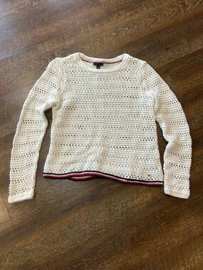 Tommy Hilfiger White Open Knit Sweater with Red & Navy Trim